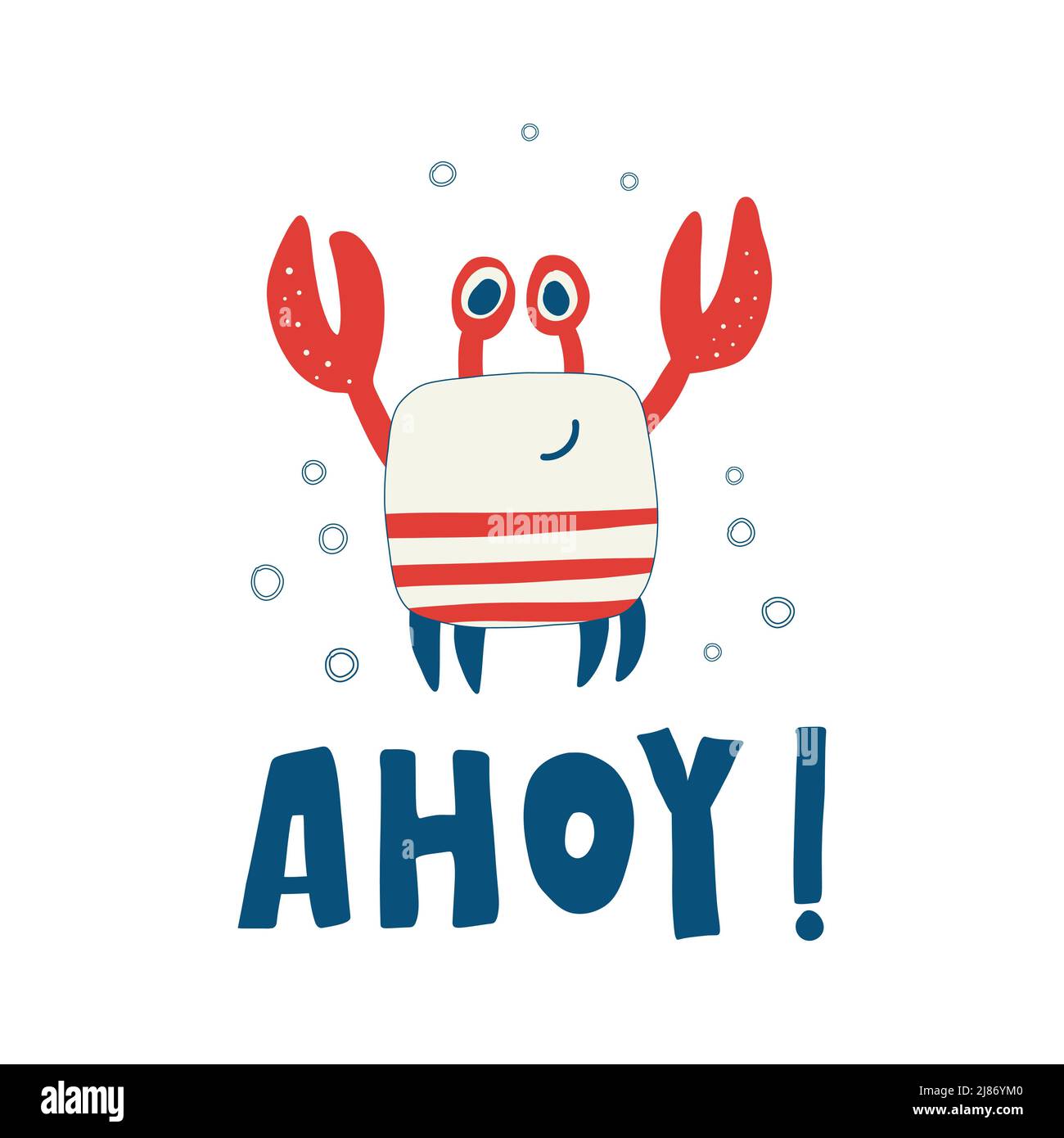 Granchio rosso carino con occhi e artigli divertenti. Illustrazione vettoriale colorata infantile di aragosta sorridente divertente. Lettere creative disegnate a mano. Progettare per Illustrazione Vettoriale