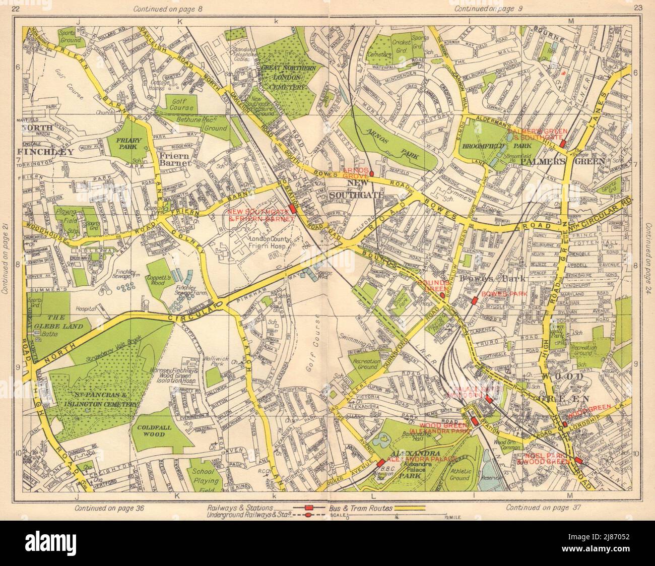 N LONDRA. Southgate Friern Barnett Palmer's Green Bowes Park Wood Green 1948 mappa Foto Stock
