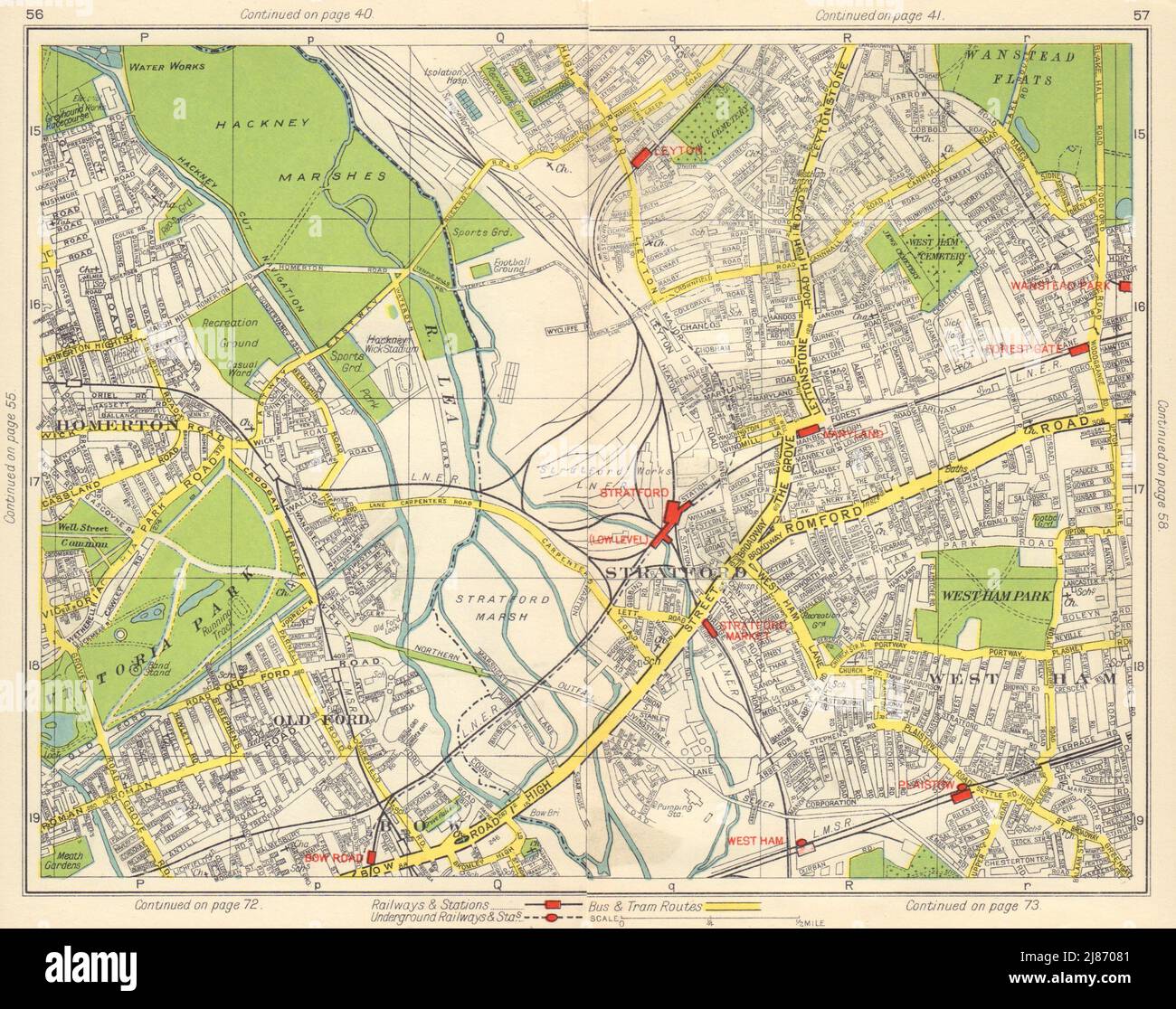 E LONDRA. Old Ford Bow West Ham Forest Gate Hackney Leyton Stratford 1948 mappa Foto Stock