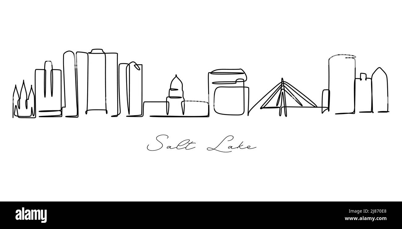 Una sola linea di disegno per visitare lo skyline di Salt Lake City, Utah. World beauty città paesaggio arte migliore vacanza cartolina. Tratto modificabile trendy Illustrazione Vettoriale