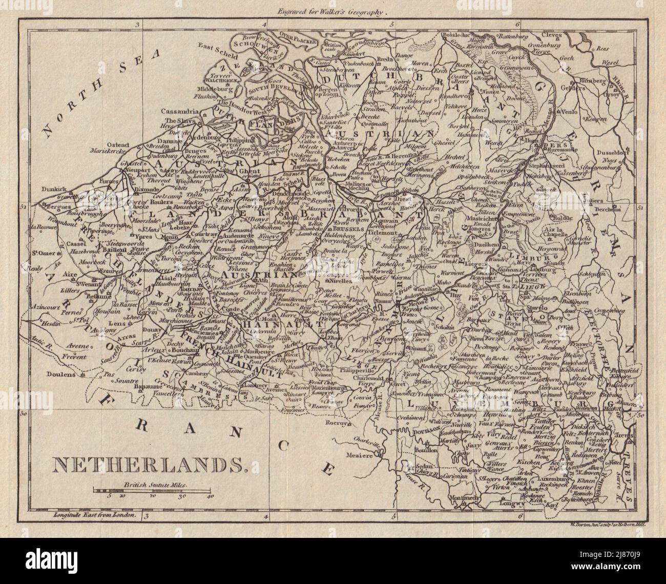 Belgio e Lussemburgo. Austria «Paesi Bassi». WALKER 1805 vecchia mappa antica Foto Stock