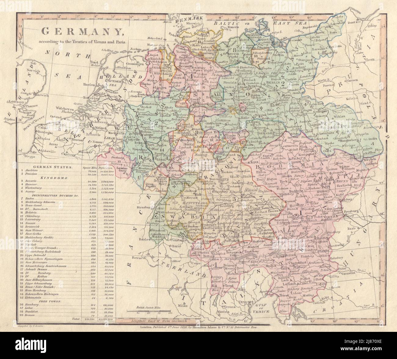 Germania secondo i trattati di Vienna e Parigi. WILKINSON 1828 vecchia mappa Foto Stock