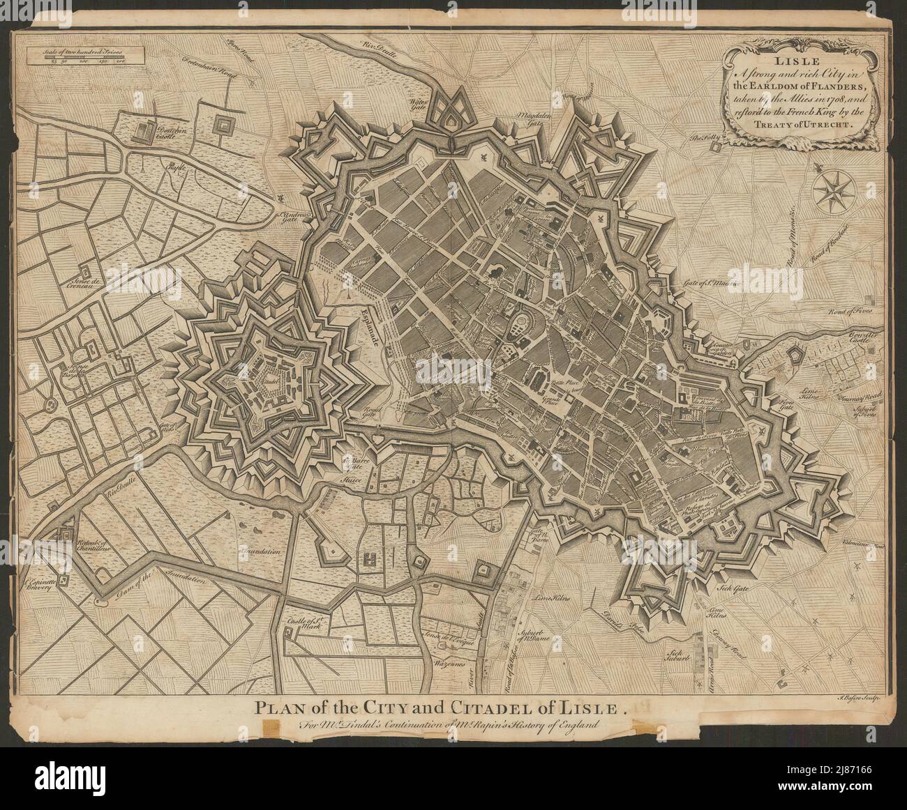 Piano della Città & Cittadella di Lisle una città forte e ricca… Mappa Lille BASIRE c1759 Foto Stock