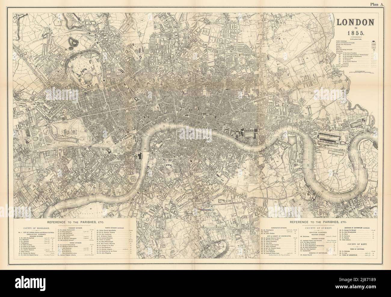 Grande mappa di Londra nel 1855 da Percy Edwards. 71x103 cm 1898 antico Foto Stock