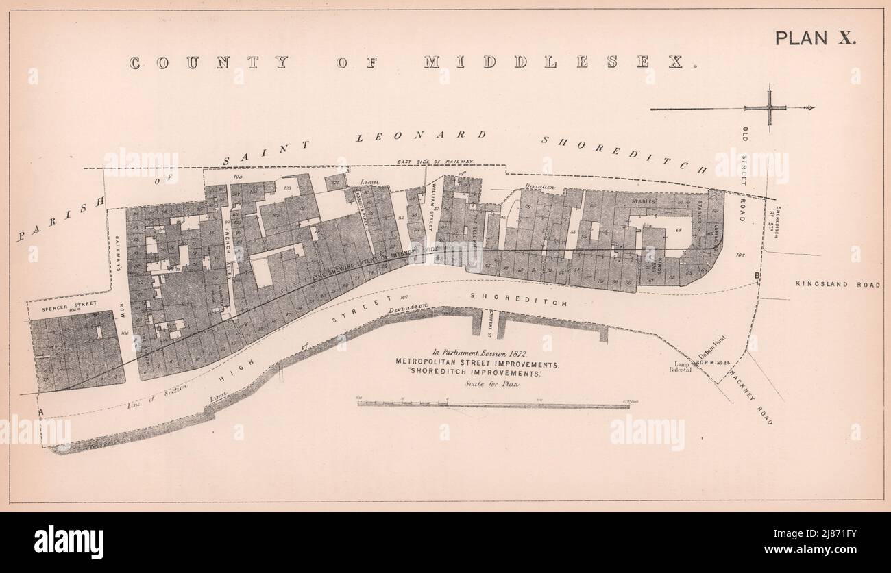 1872 Shoreditch High Street allargamento. Bateman's Row - Mappa di Old Street 1898 Foto Stock