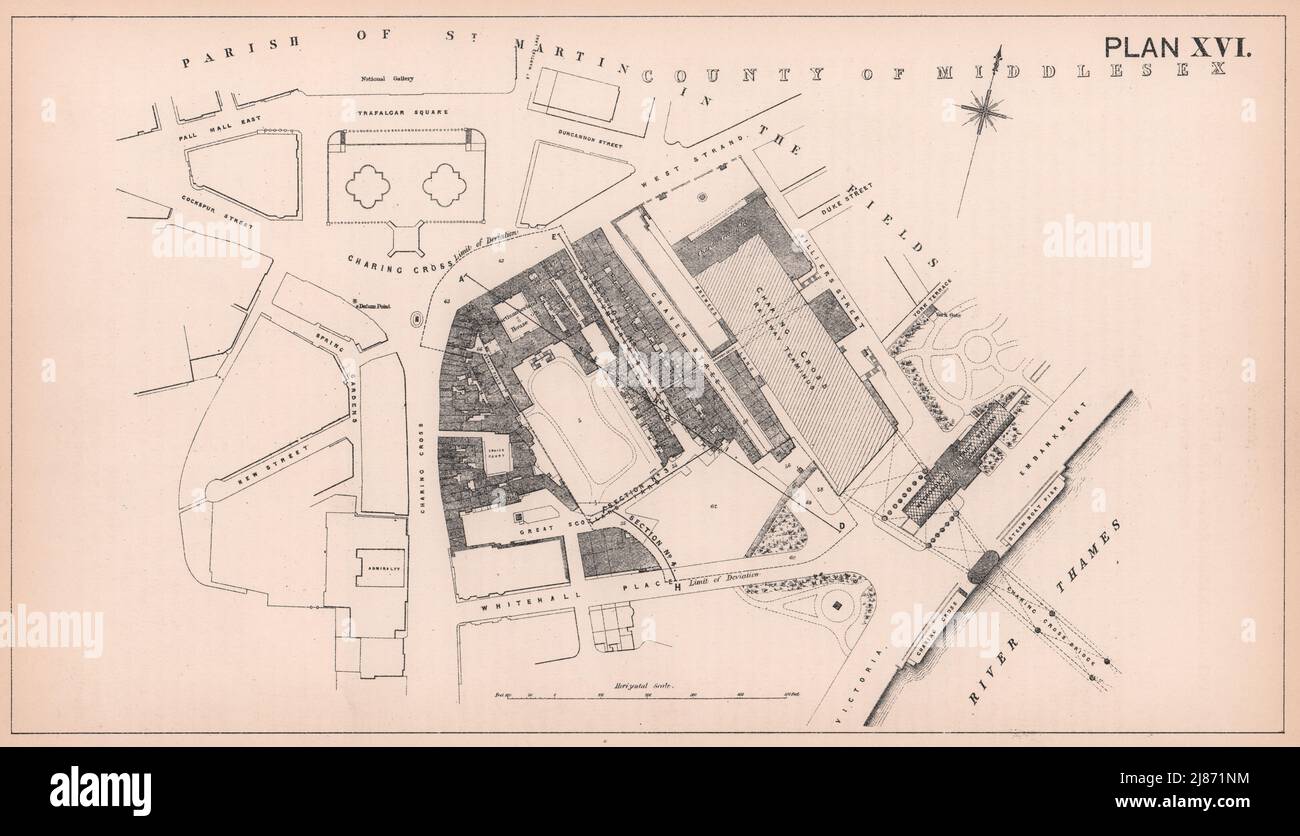 1876 sviluppo di Northumberland Avenue. Trafalgar Square - mappa di Embankment 1898 Foto Stock