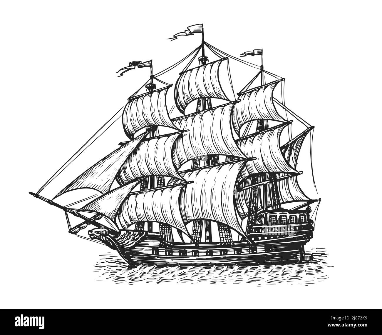 Nave con vele su onde. Disegno a mano della barca a vela vintage. Illustrazione vettoriale della navigazione Illustrazione Vettoriale