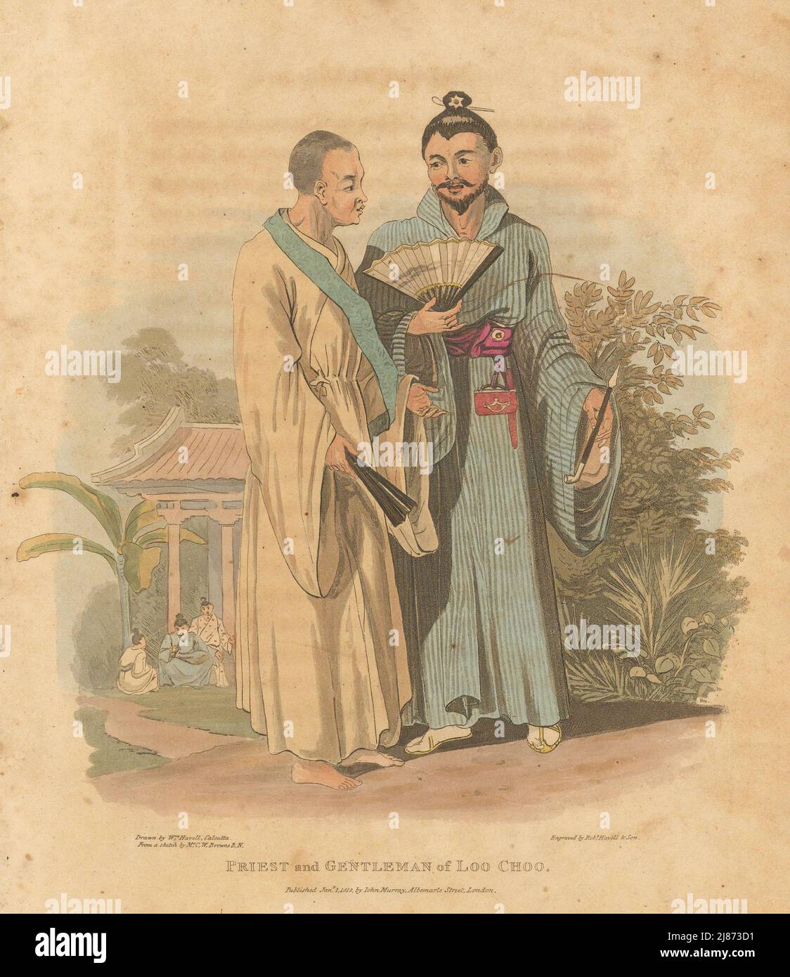 Sacerdote e gentiluomo di Loo Choo. Okinawa, Giappone. HAVELL/BROWNE 1818 vecchia stampa Foto Stock
