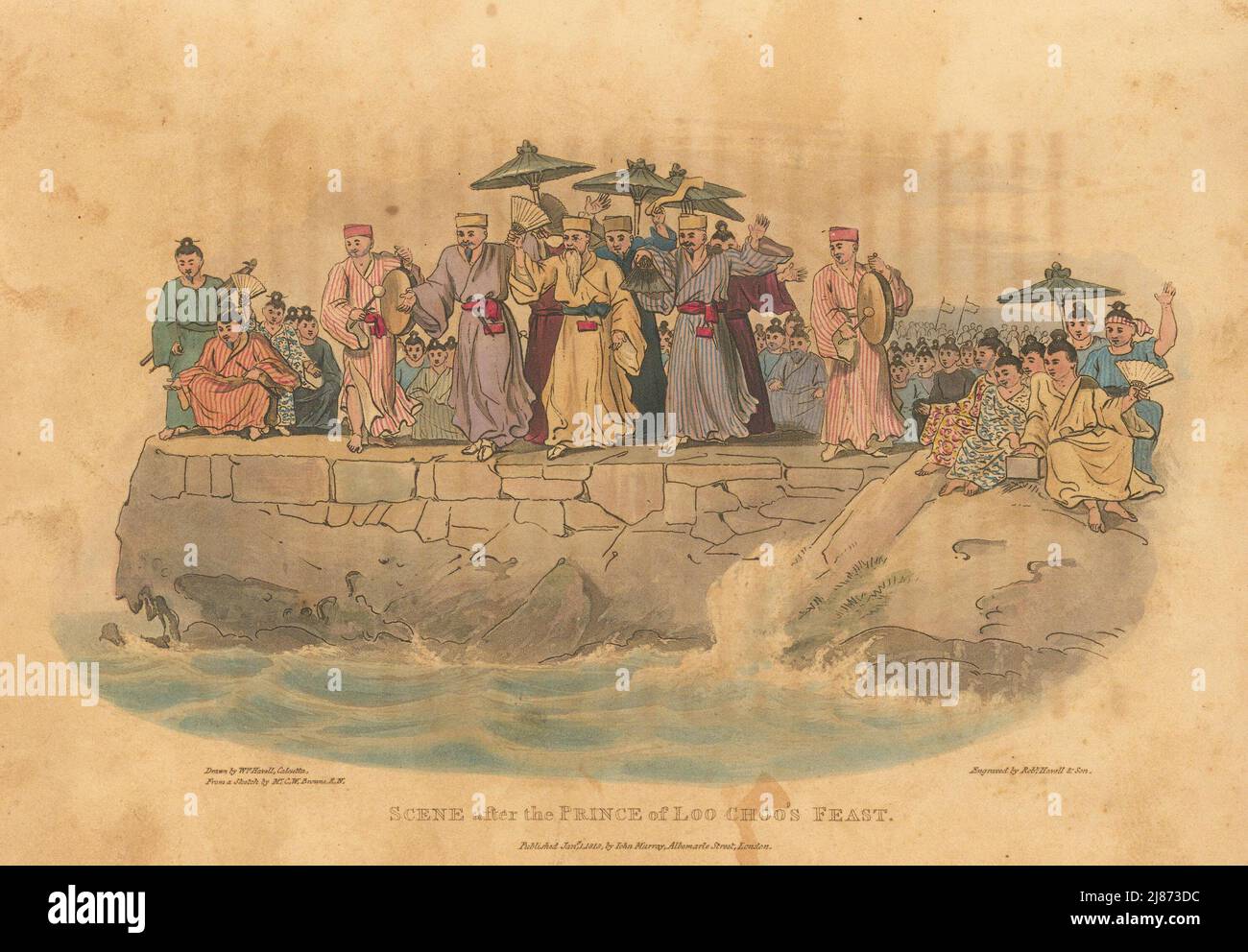 Scena dopo la festa del Principe di Loo Choo. Okinawa, Giappone. HAVELL/BROWNE 1818 Foto Stock