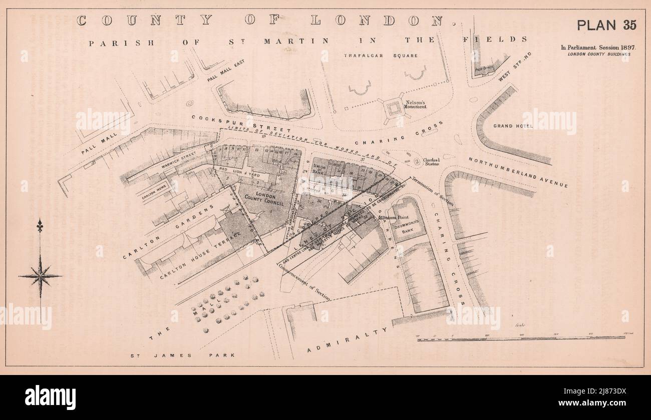 1897 estensione del centro commerciale a Trafalgar Square. Admiralty Arch 1898 vecchia mappa Foto Stock