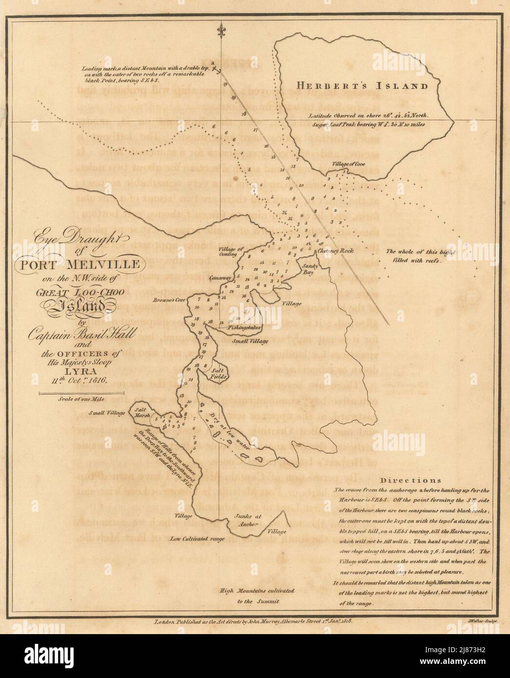 Bozza di Port Melville su… Grande isola di Loo-Choo. Mappa di Nakijin, Okinawa 1818 Foto Stock