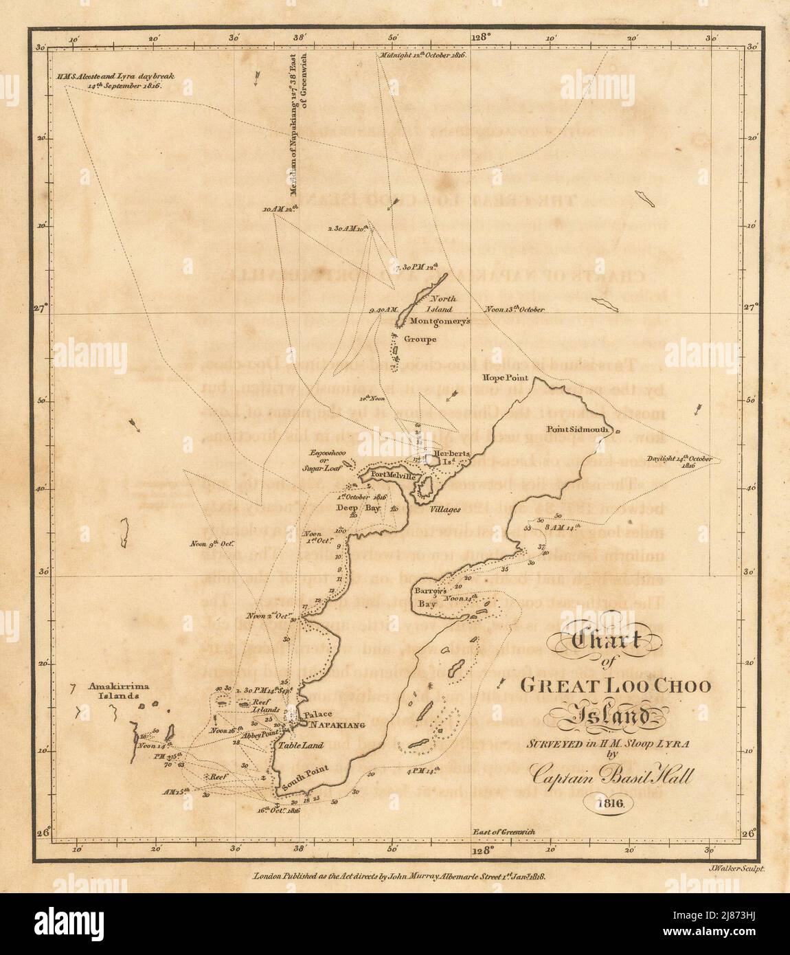 Carta dell'Isola Grande Loo Choo di Captn. Basil Hall. Okinawa, Giappone 1818 mappa Foto Stock