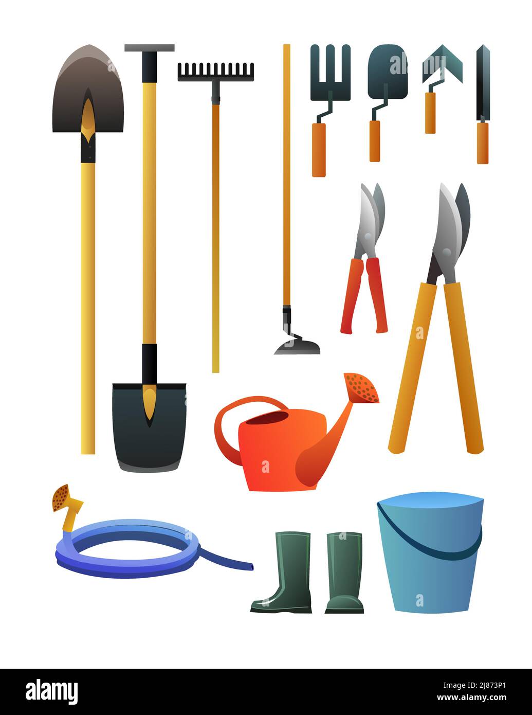 Set di attrezzi da giardino. Lavoro agricolo rurale. Pale rastrelli e zoccoli. Isolato su sfondo bianco. Annaffiatoio per innaffiare. Vettore. Illustrazione Vettoriale
