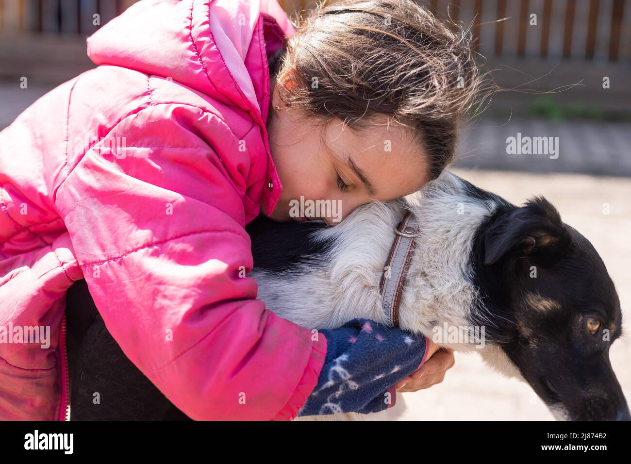 povera bambina con un cane in villaggio Foto Stock
