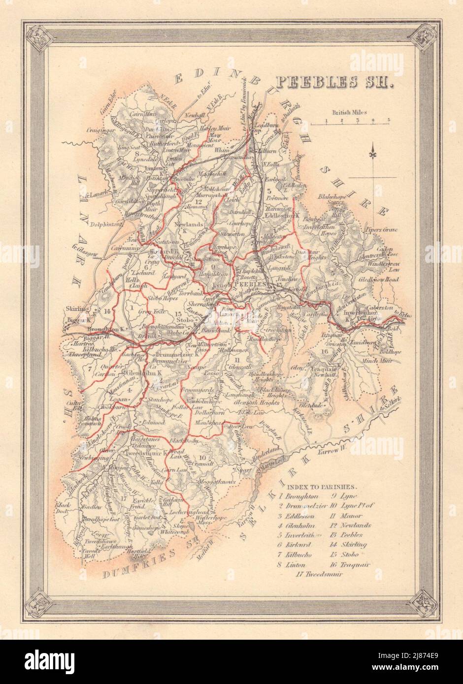 Antica mappa decorativa della contea di Peeblesshire, Scozia. FULLARTON 1866 Foto Stock