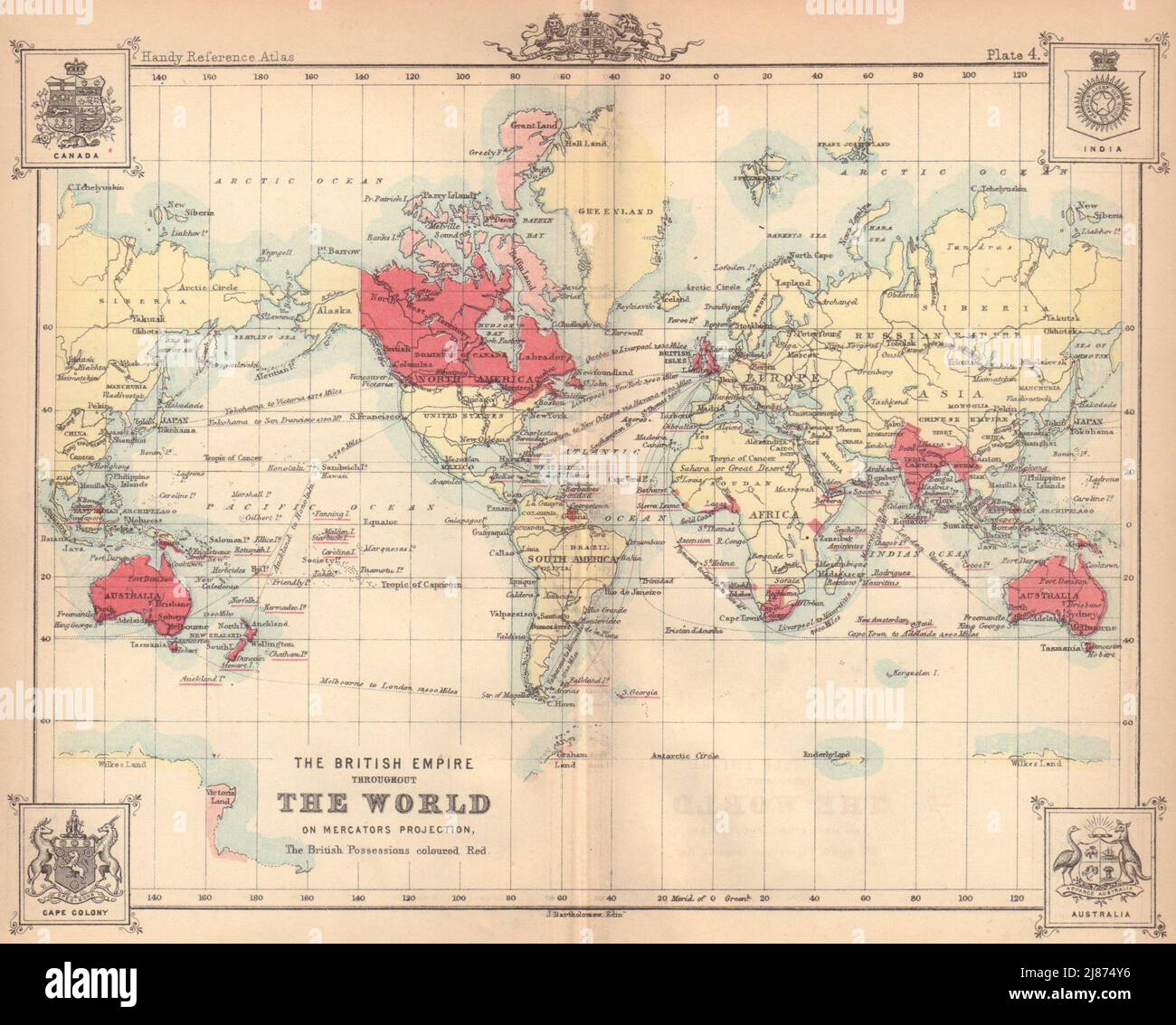 L'Impero britannico in tutto il mondo. BARTOLOMEO 1888 vecchia mappa antica Foto Stock