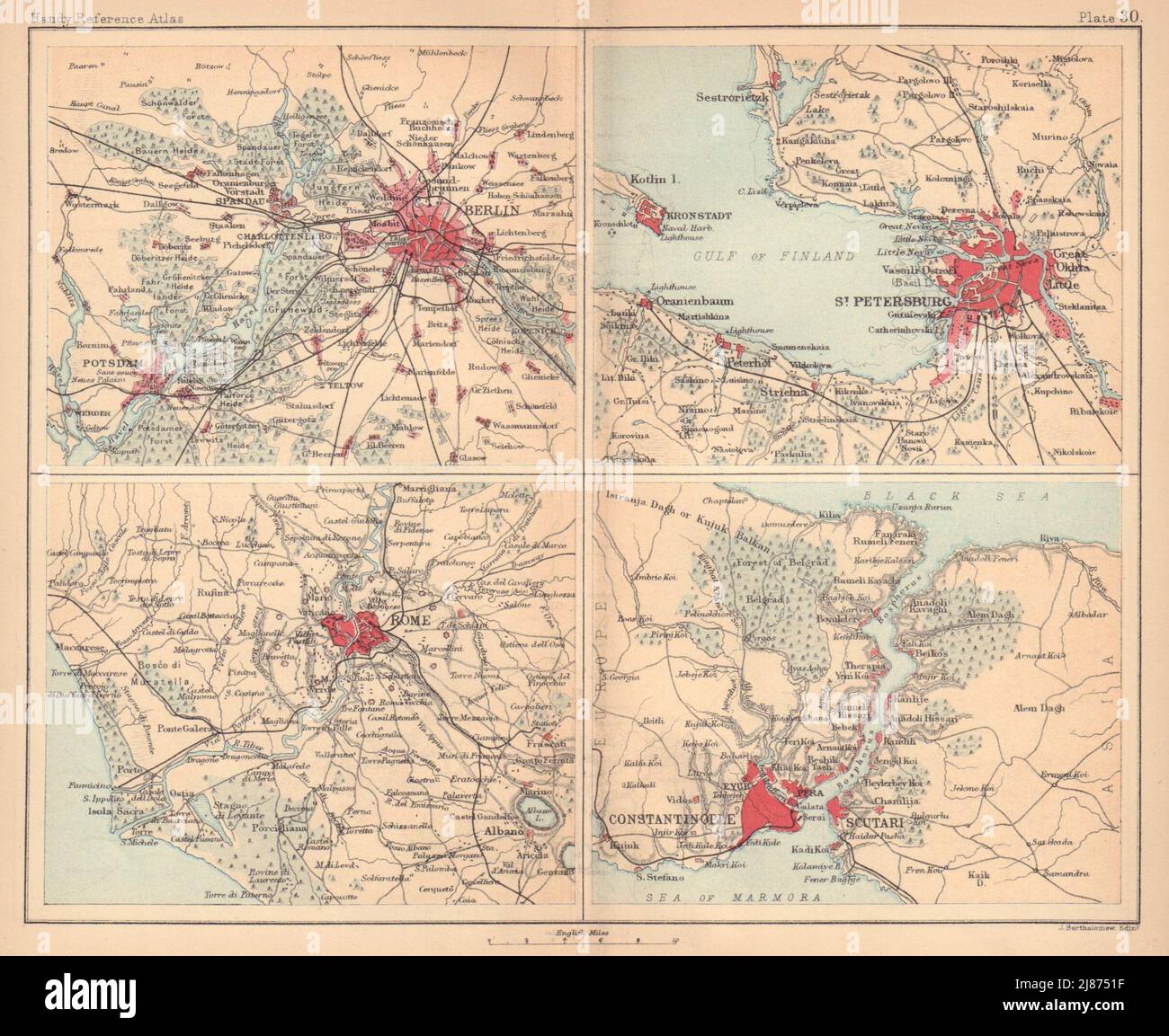 Berlino Roma San Pietroburgo dintorni di Costantinopoli. BARTOLOMEO 1888 vecchia mappa Foto Stock