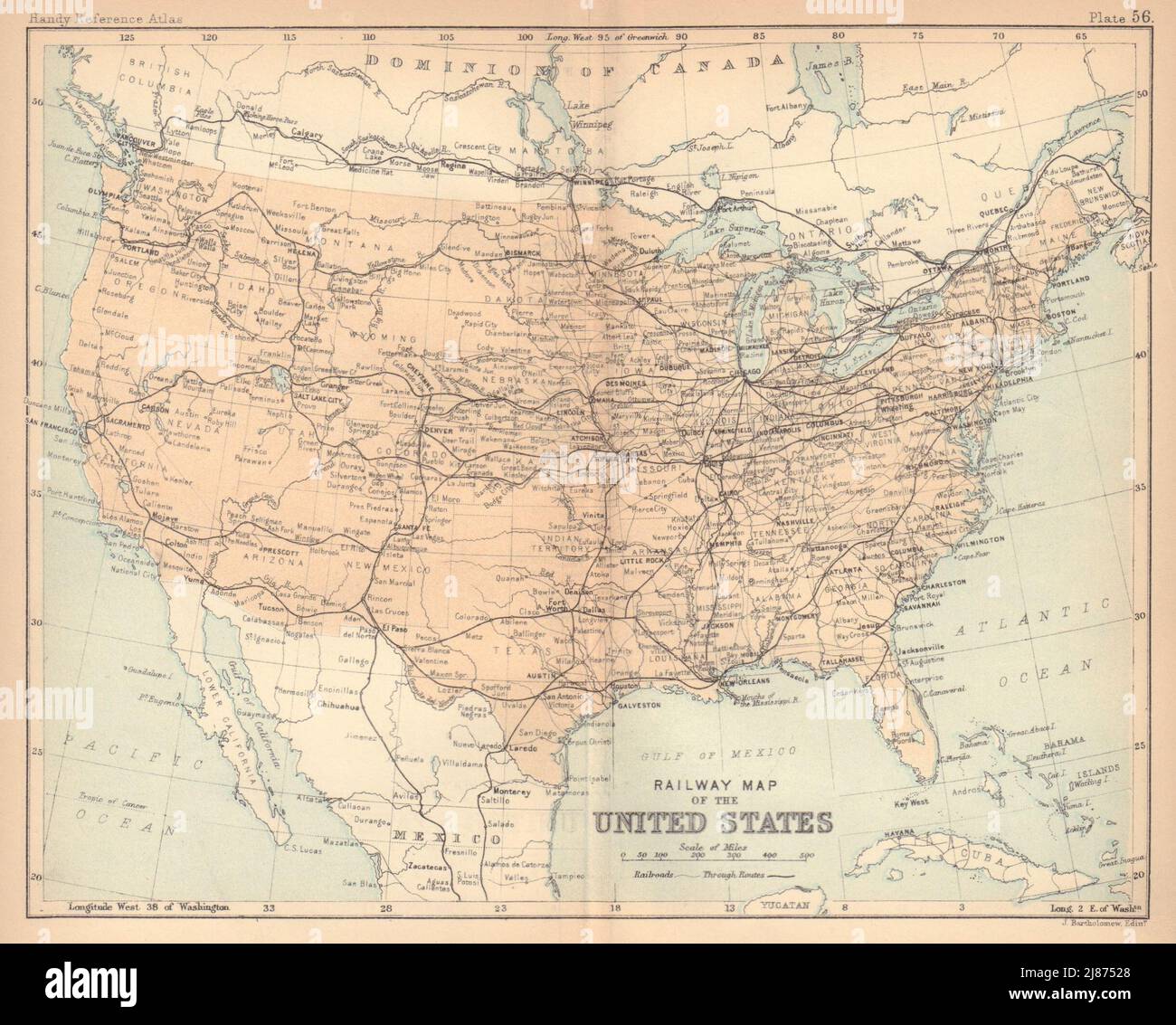 Mappa ferroviaria degli Stati Uniti. USA. BARTOLOMEO 1888 vecchia carta antica Foto Stock