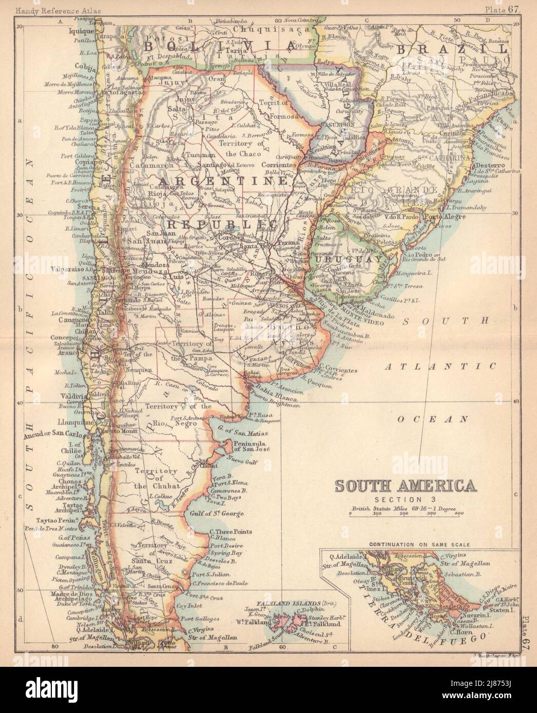 Sud America #3. Argentina Cile Patagonia Paraguay. BARTOLOMEO 1888 vecchia mappa Foto Stock