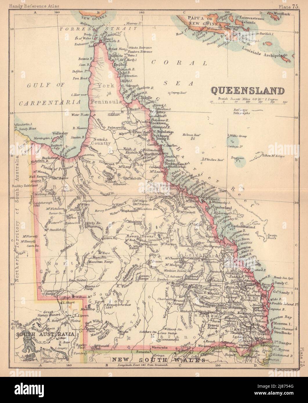 Queensland. BARTOLOMEO 1888 vecchia carta antica vintage mappa piano grafico Foto Stock