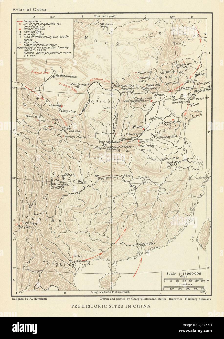 Siti preistorici in Cina. Neolitico, Bronzo & Età del ferro. Mappa migrazioni 1935 Foto Stock