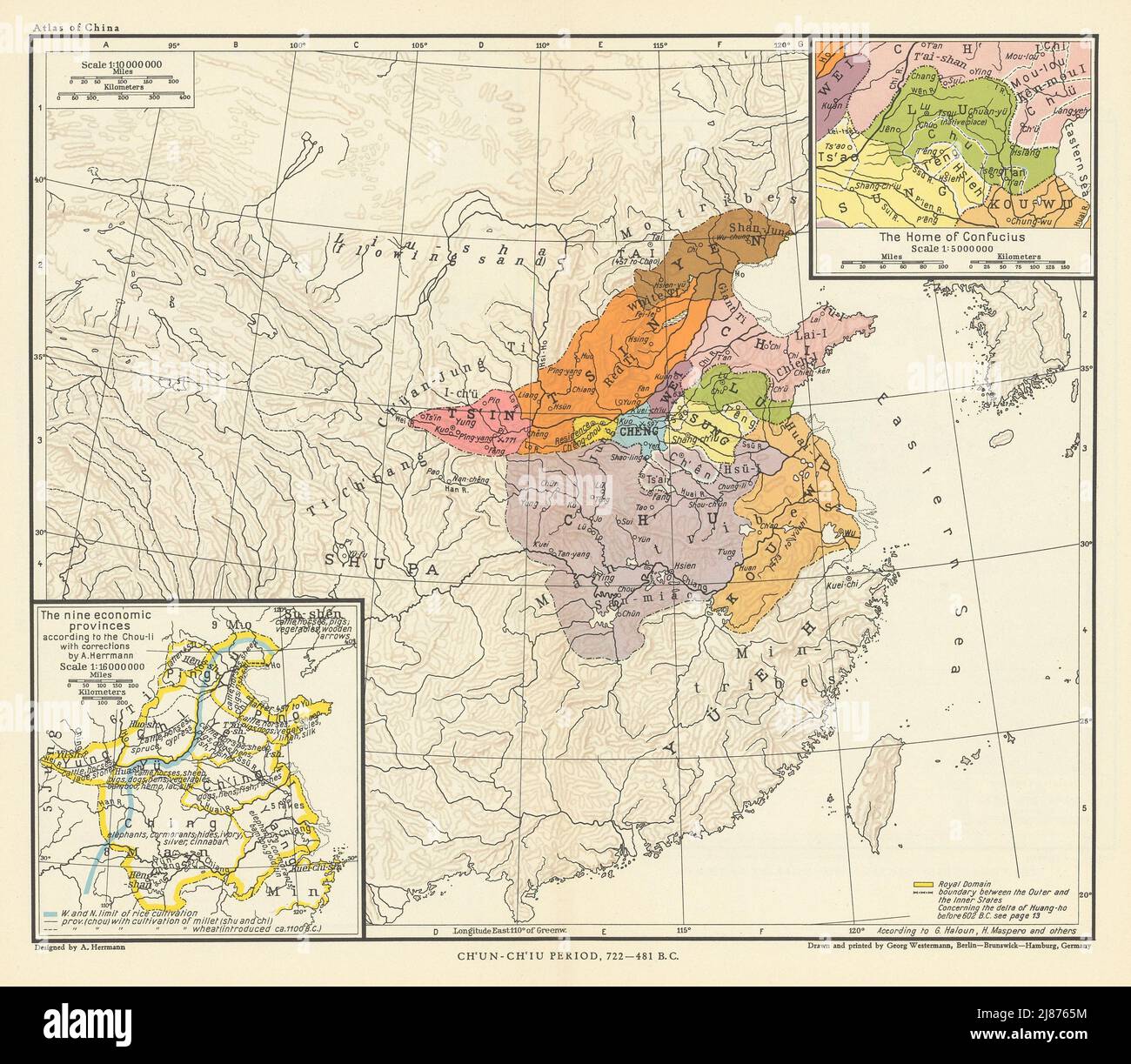 Cina Primavera & Autunno periodo 722-481 AC. Confucio. 9 province 1935 vecchia mappa Foto Stock