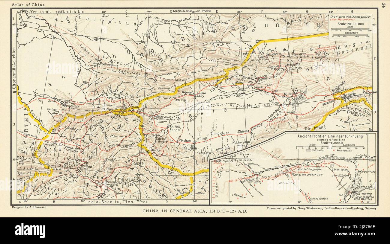 Cina in Asia centrale 114 BC-127 ad Antica frontiera vicino Tun-huang 1935 mappa Foto Stock