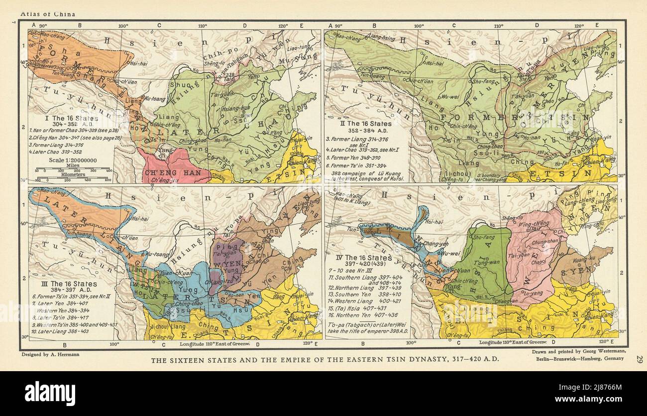 I sedici stati e l'Impero della Dinastia Jin Orientale, 317-420 d.C. 1935 mappa Foto Stock