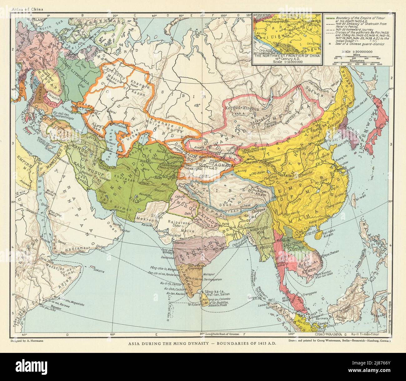 Asia durante la Dinastia Ming 1415 d.C. Cina Tibet Shahrukh Oirat 1935 vecchia mappa Foto Stock