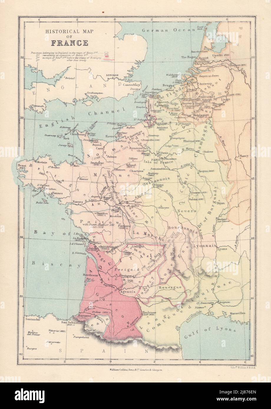 TERRITORIO INGLESE IN FRANCIA. Battaglie/date chiave. Data di perdita del terreno. MAPPA COLLINS 1873 Foto Stock