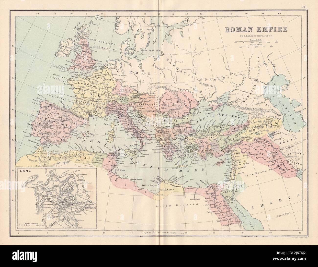 IMPERO ROMANO che mostra le province. Piano città di Roma. COLLINS 1873 vecchia mappa antica Foto Stock