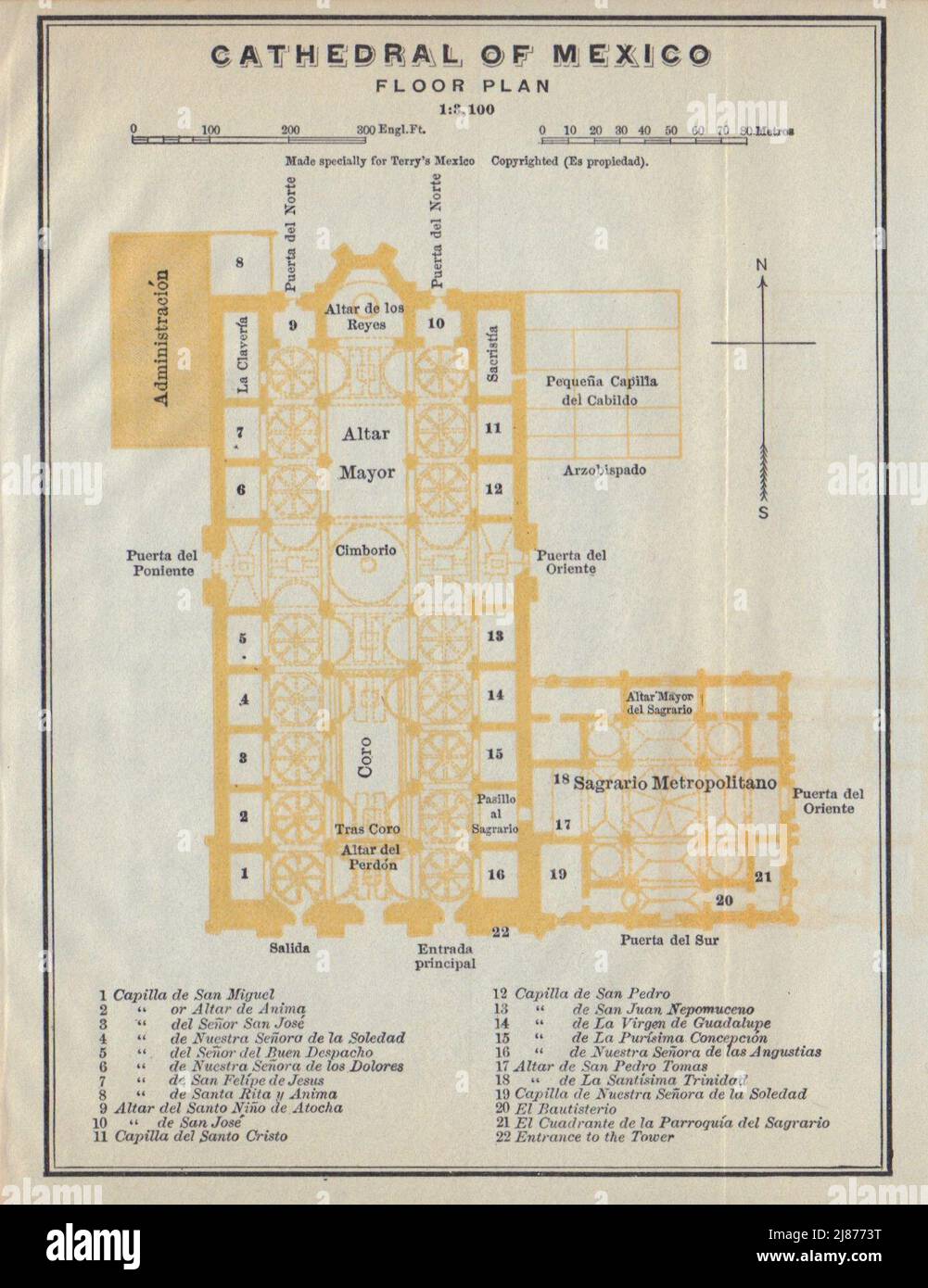 Pianta della cattedrale del Messico, Messico 1938 vecchia mappa d'epoca Foto Stock
