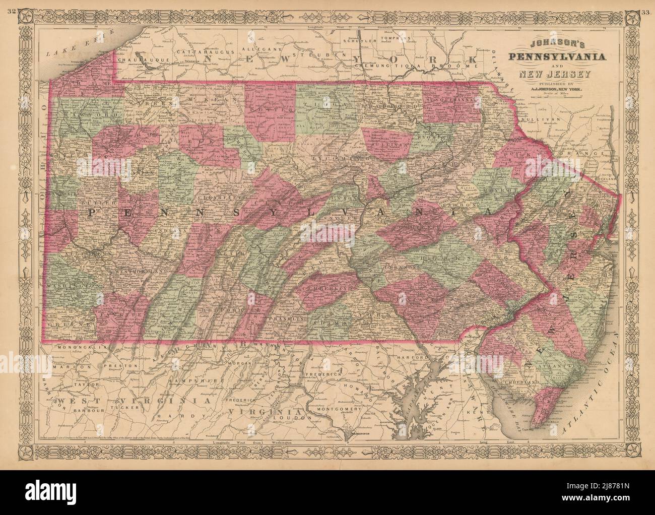 Johnson's Pennsylvania e New Jersey. Mappa dello stato DEGLI STATI UNITI che mostra le contee 1867 Foto Stock