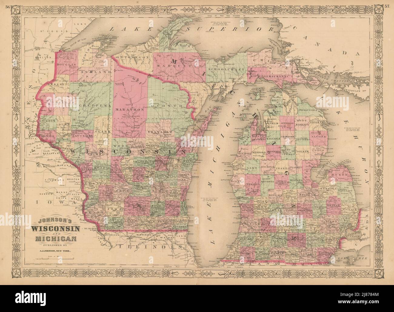 Johnson's, Wisconsin e Michigan. Mappa dello stato che mostra le contee. Grandi Laghi 1867 Foto Stock
