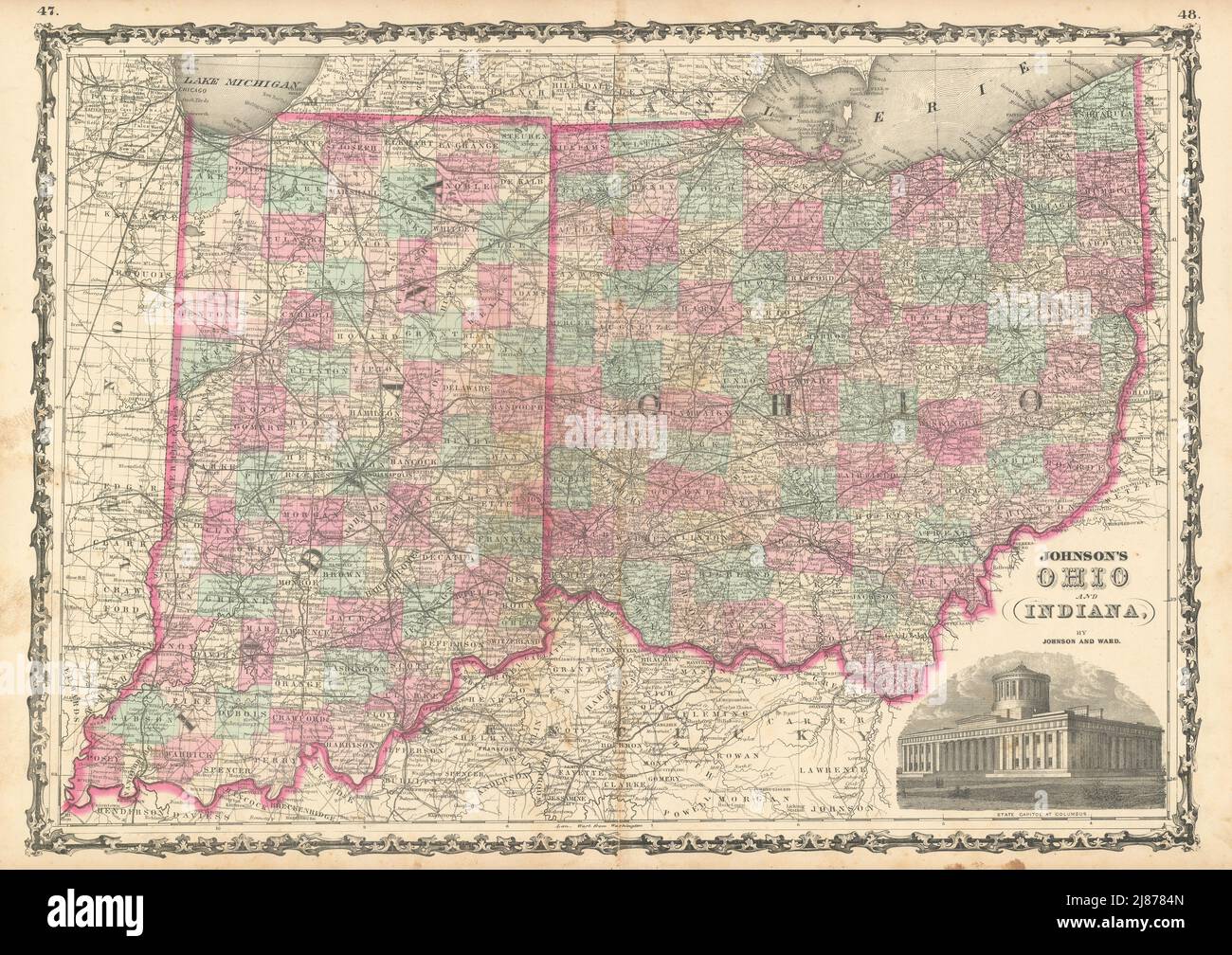 Johnson's, Ohio e Indiana. MAPPA dello stato DEGLI STATI UNITI che mostra contee 1863 antichi Foto Stock
