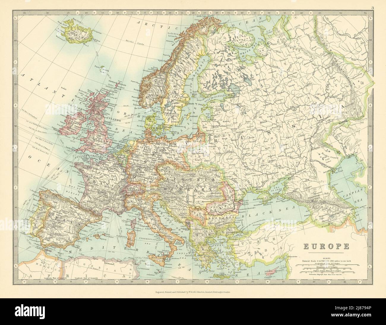 L’EUROPA è stata mostrata poco prima della prima guerra mondiale. JOHNSTON 1911 vecchia mappa antica Foto Stock
