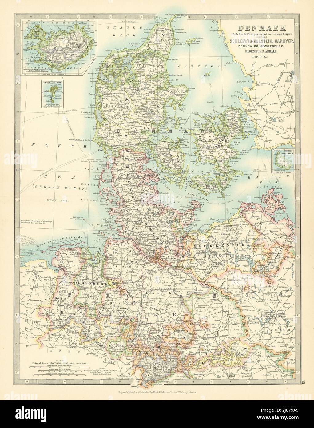 DANIMARCA E GERMANIA SETTENTRIONALE. Schleswig-Holstein Hannover. JOHNSTON 1911 vecchia mappa Foto Stock