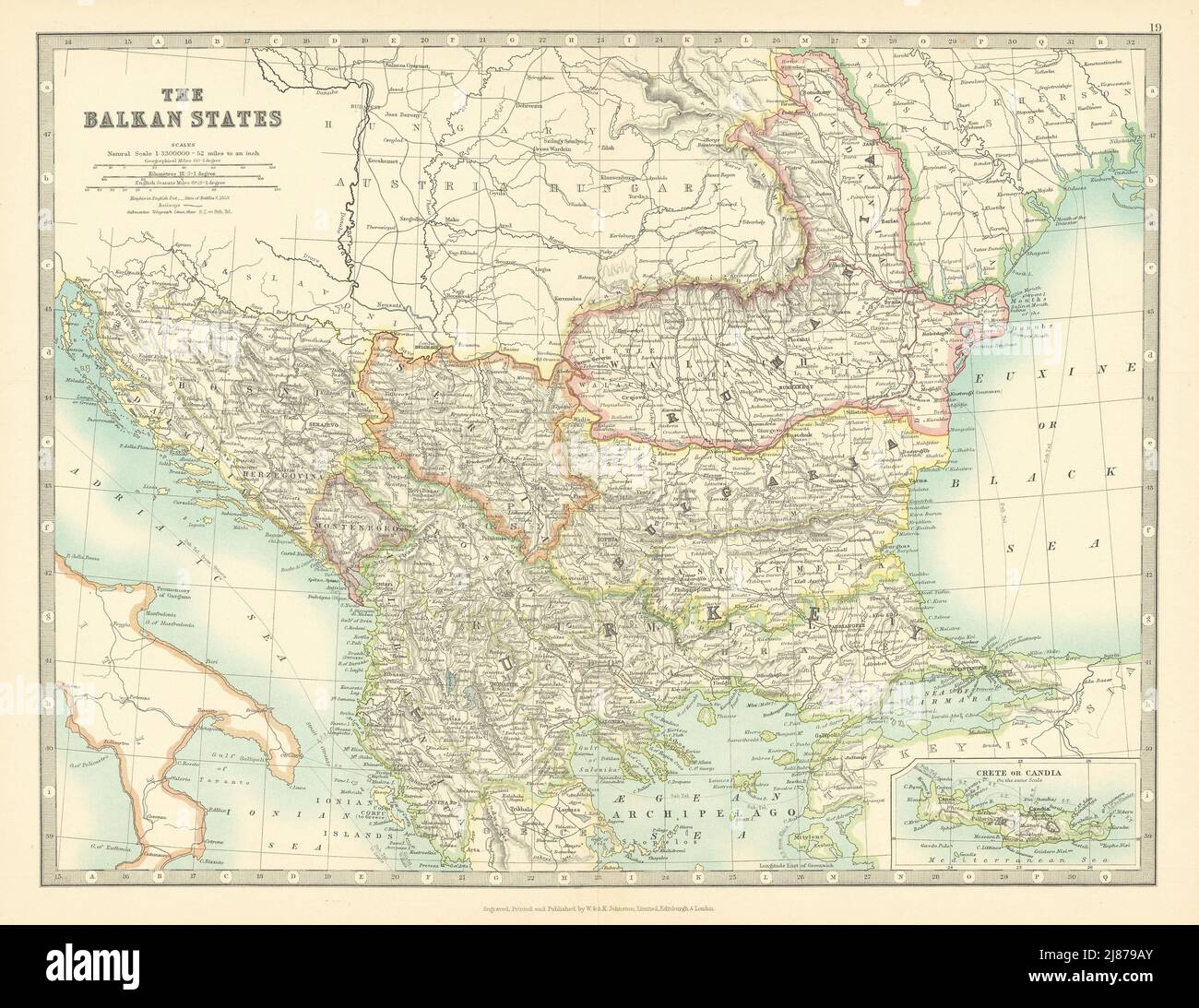 STATI BALCANICI. Roumeliia orientale. Creta turca. Bulgaria. MAPPA JOHNSTON 1911 Foto Stock