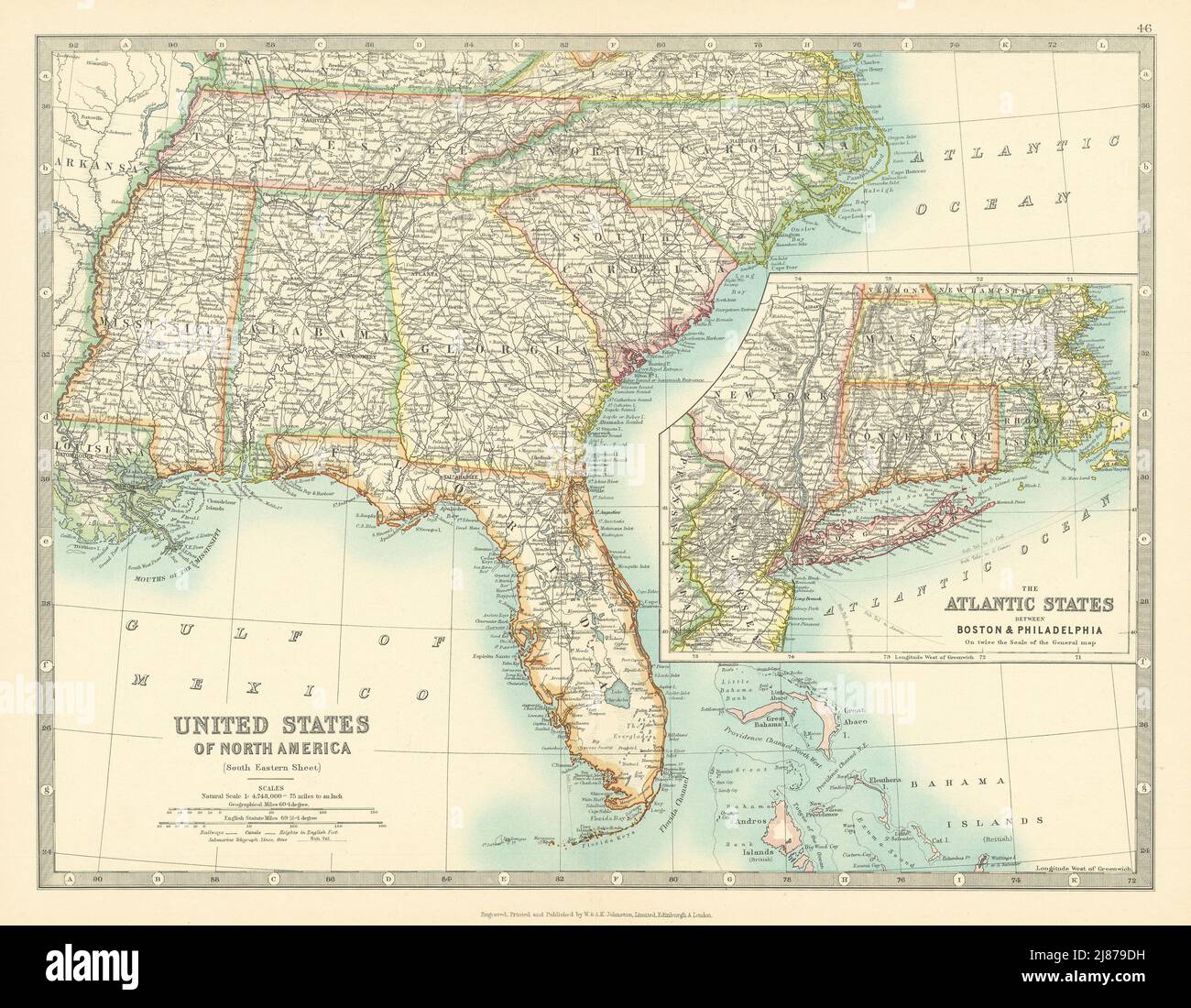 USA PROFONDO SUD. Florida Georgia Carolinas Alabama Tennessee. MAPPA JOHNSTON 1911 Foto Stock