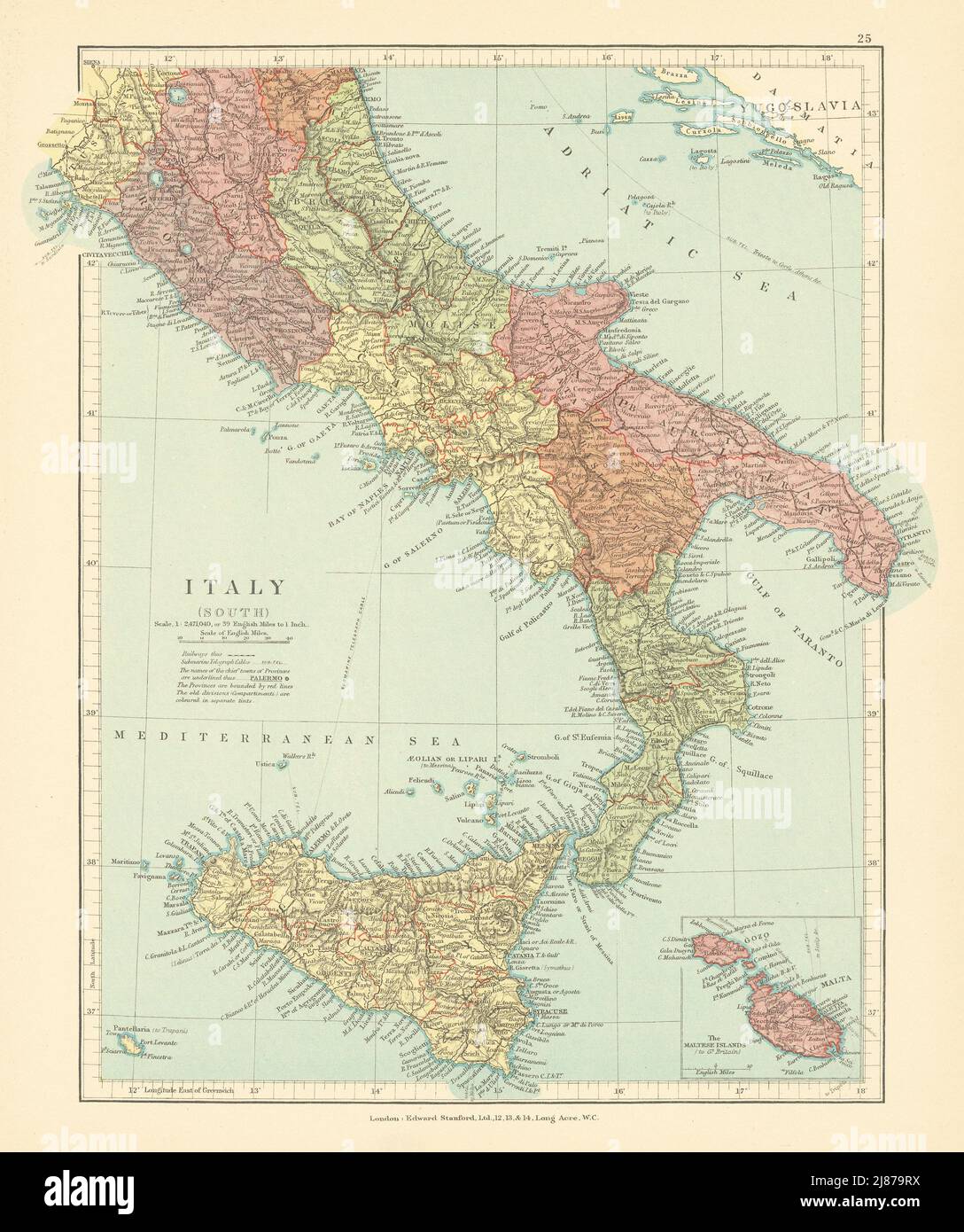 Italia meridionale nelle regioni. Malta e Gozo. STANFORD c1925 vecchia mappa d'epoca Foto Stock