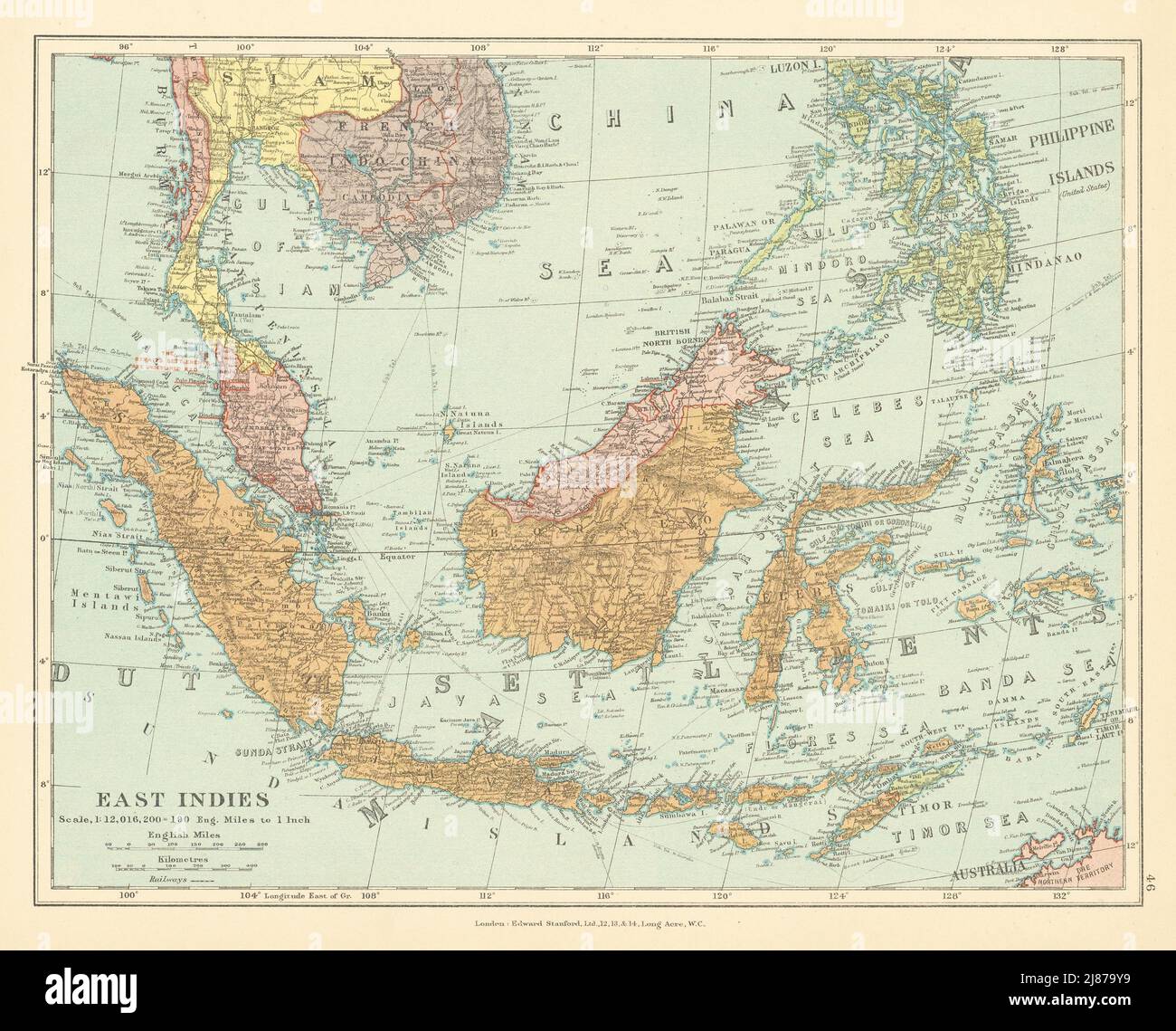 Indie orientali Indonesia Malesia insediamenti dello stretto Indochina STANFORD c1925 mappa Foto Stock