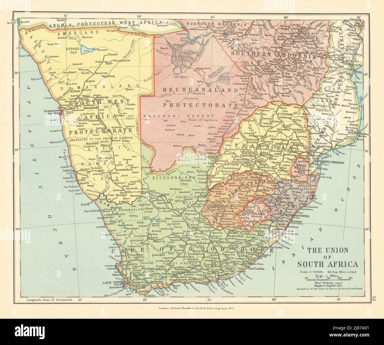 Unione del Sudafrica. Bechuanaland Southern Rhodesia Namibia STANFORD c1925 mappa Foto Stock