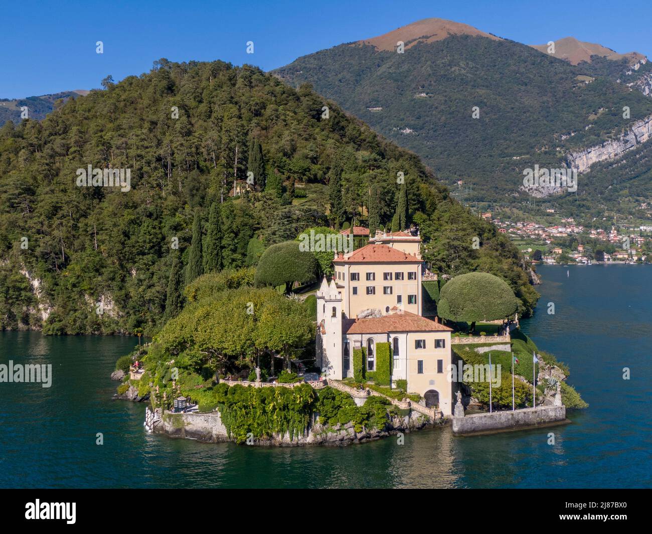 Veduta aerea della Villa del Balbianello sul Lago di Como Foto Stock