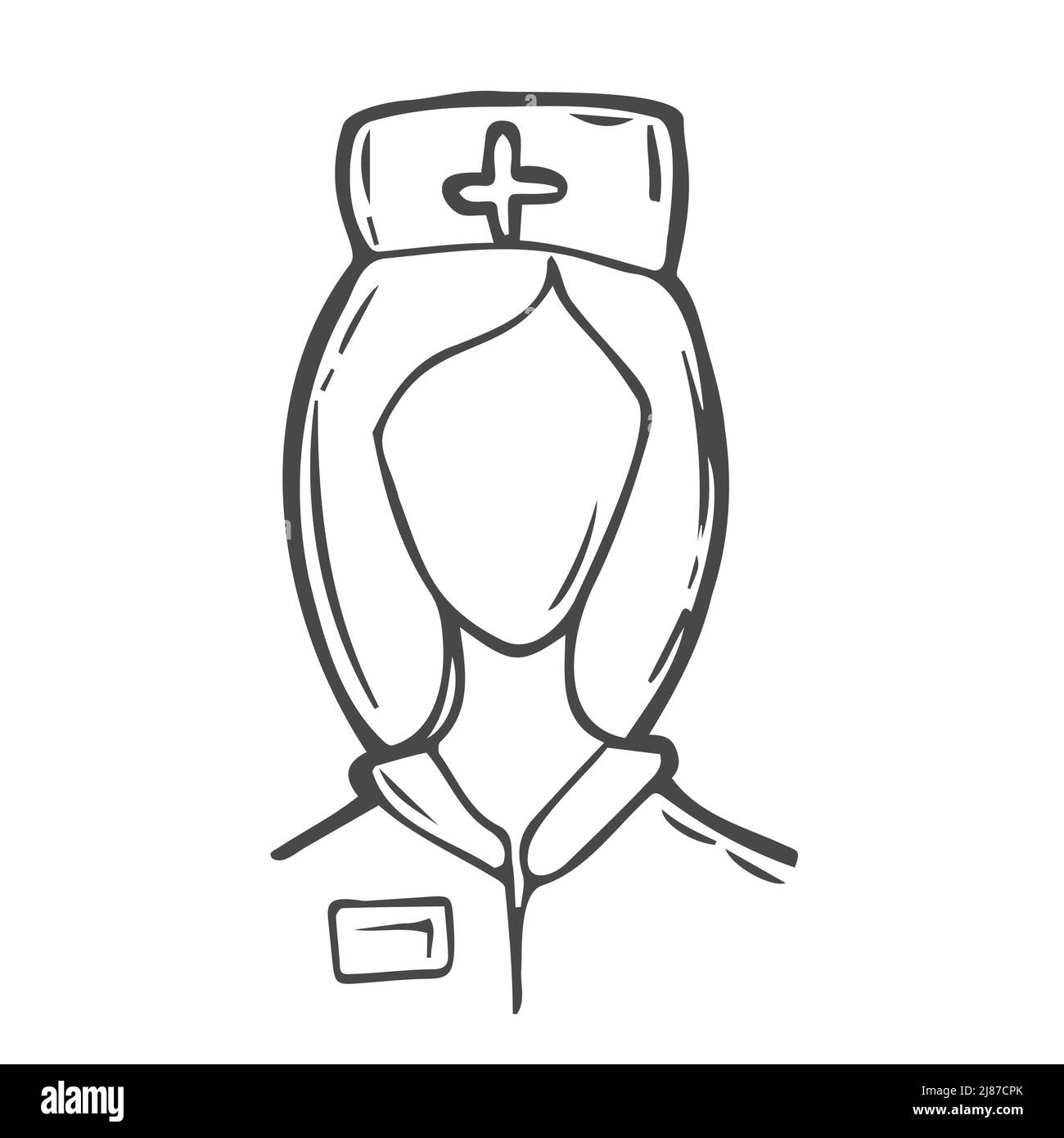 Faccia infermiera Doodle, icona testa, cappello con croce, isolato su sfondo bianco. Simbolo medico. Illustrazione Vettoriale