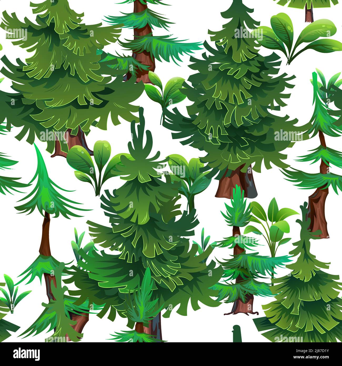 Pineta senza giunture modello. Piante spinose. Abete rosso conifere. Stile cartoon paesaggio. Isolato su sfondo bianco. Vettore. Illustrazione Vettoriale