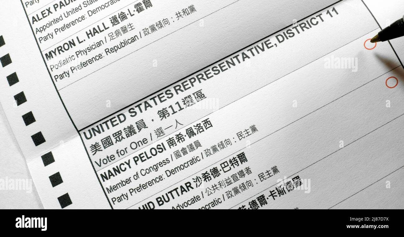 Scrutinio cartaceo ufficiale per posta per le elezioni primarie della California del 7 giugno 2022; distretto dei rappresentanti degli Stati Uniti 11; Nancy Pelosi. Foto Stock