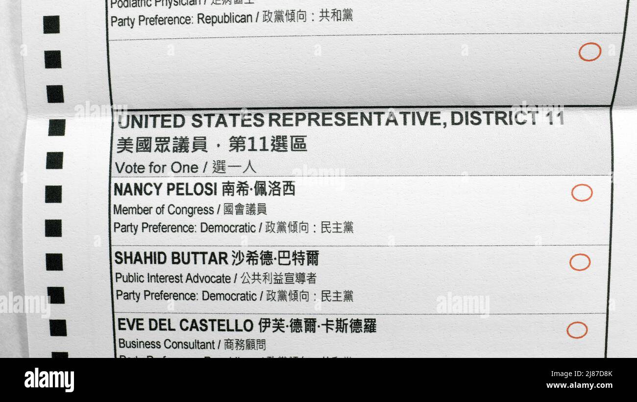 Scrutinio cartaceo ufficiale per posta per le elezioni primarie della California del 7 giugno 2022; distretto dei rappresentanti degli Stati Uniti 11; Nancy Pelosi. Foto Stock