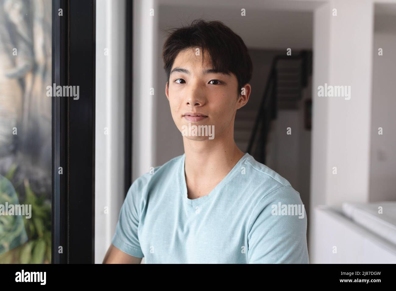 Ritratto di ragazzo asiatico fiducioso adolescente indossando la t-shirt blu in piedi dalla finestra a casa, spazio copia Foto Stock