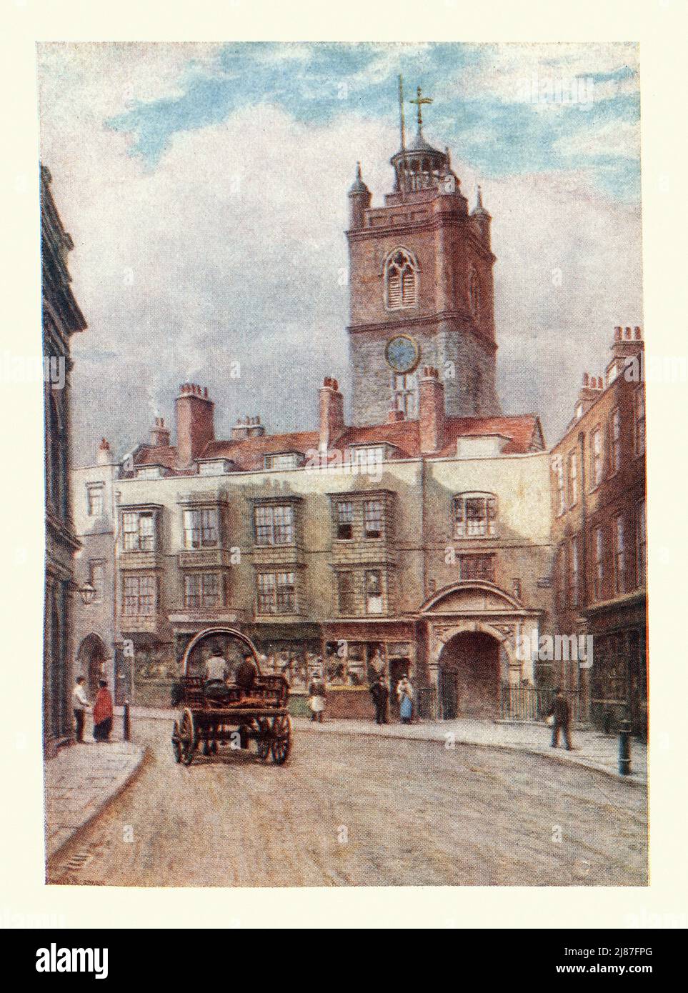 L'architettura svanita di Londra, la Torre della Chiesa di St Giles Cripplegate, le vecchie case di Fore Street, 1884, Philip Norman Foto Stock