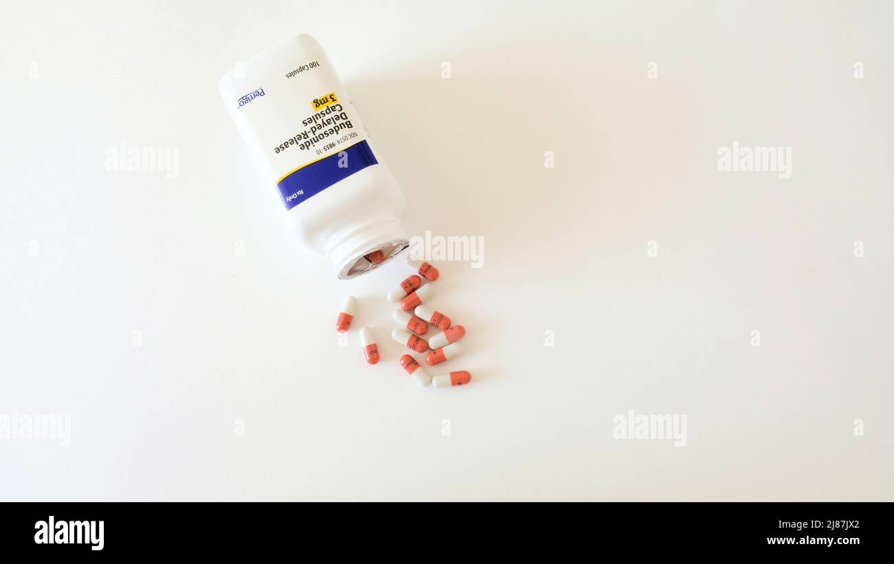Perrigo Pharmaceuticals Entocort budesonide capsule; medicina gastroenterologica per il morbo di Crohn, colite ulcerosa e disturbi gastrointestinali Foto Stock